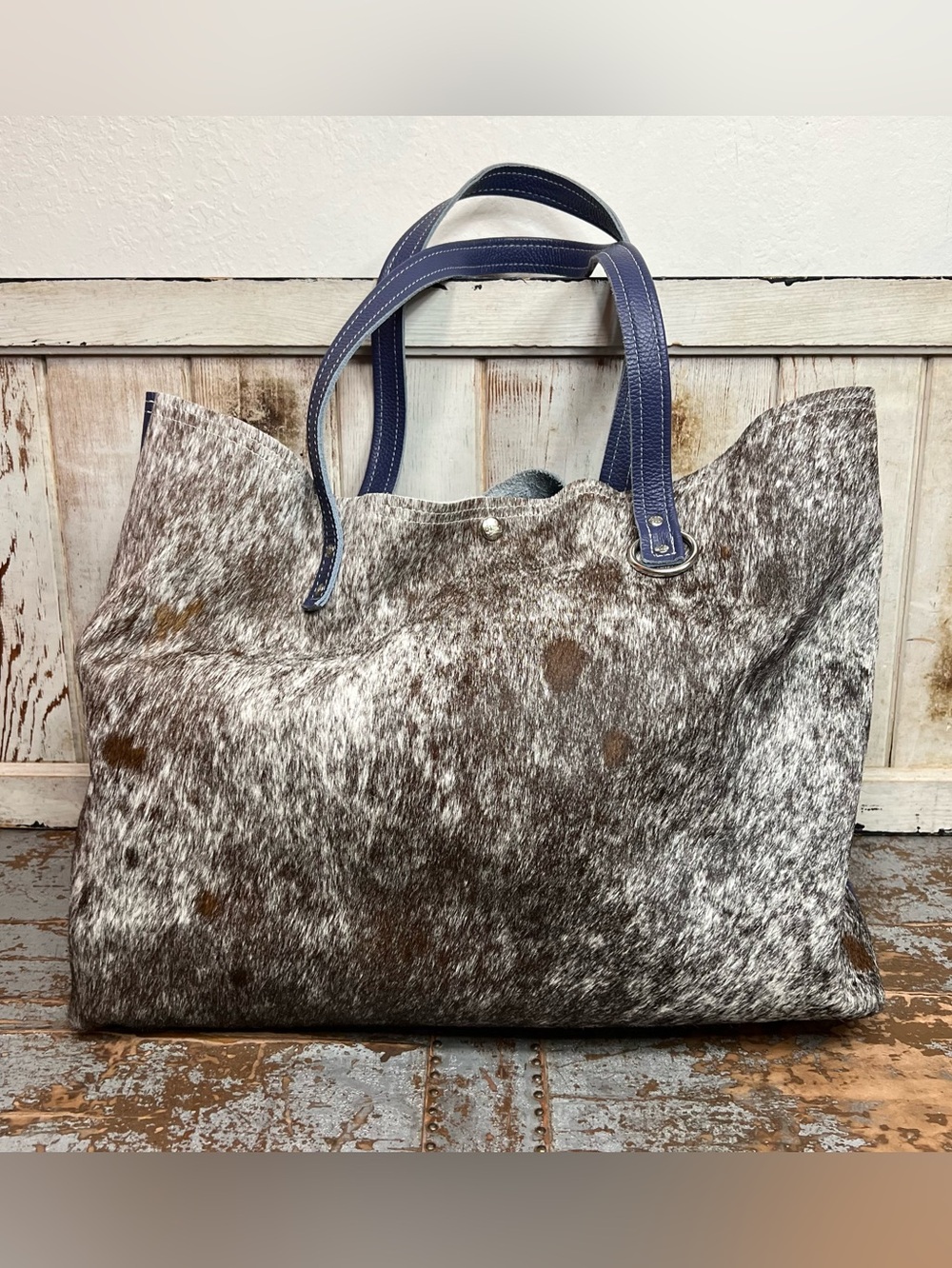 Dancing Cactus Designs Large Spotted Cowhide and Blue Leather Tote Bag